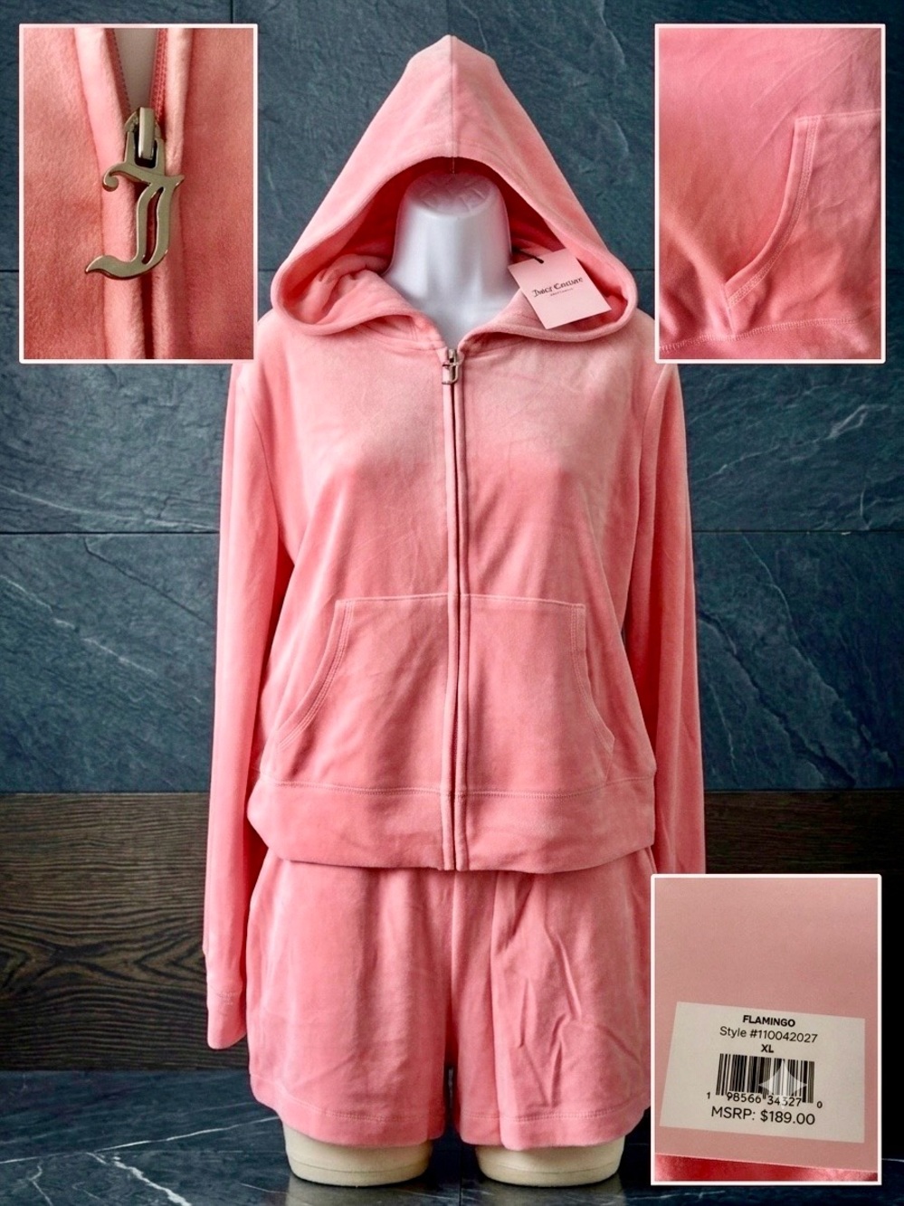 NWT Juicy Couture Pink Velour Short Tracksuit Set Rhinestone Logo XL